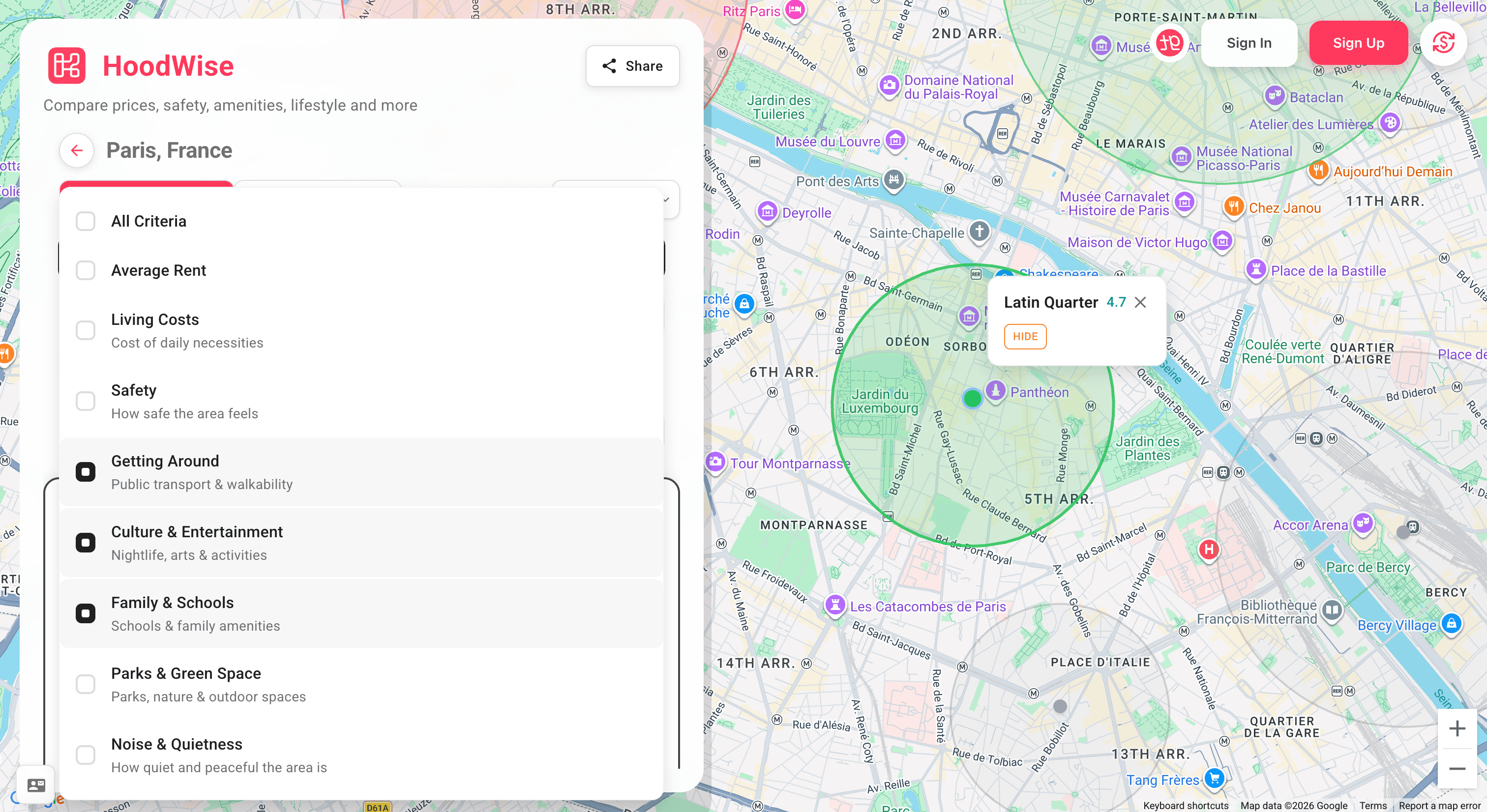 Filterable scoring criteria — safety, transport, culture, parks, and more