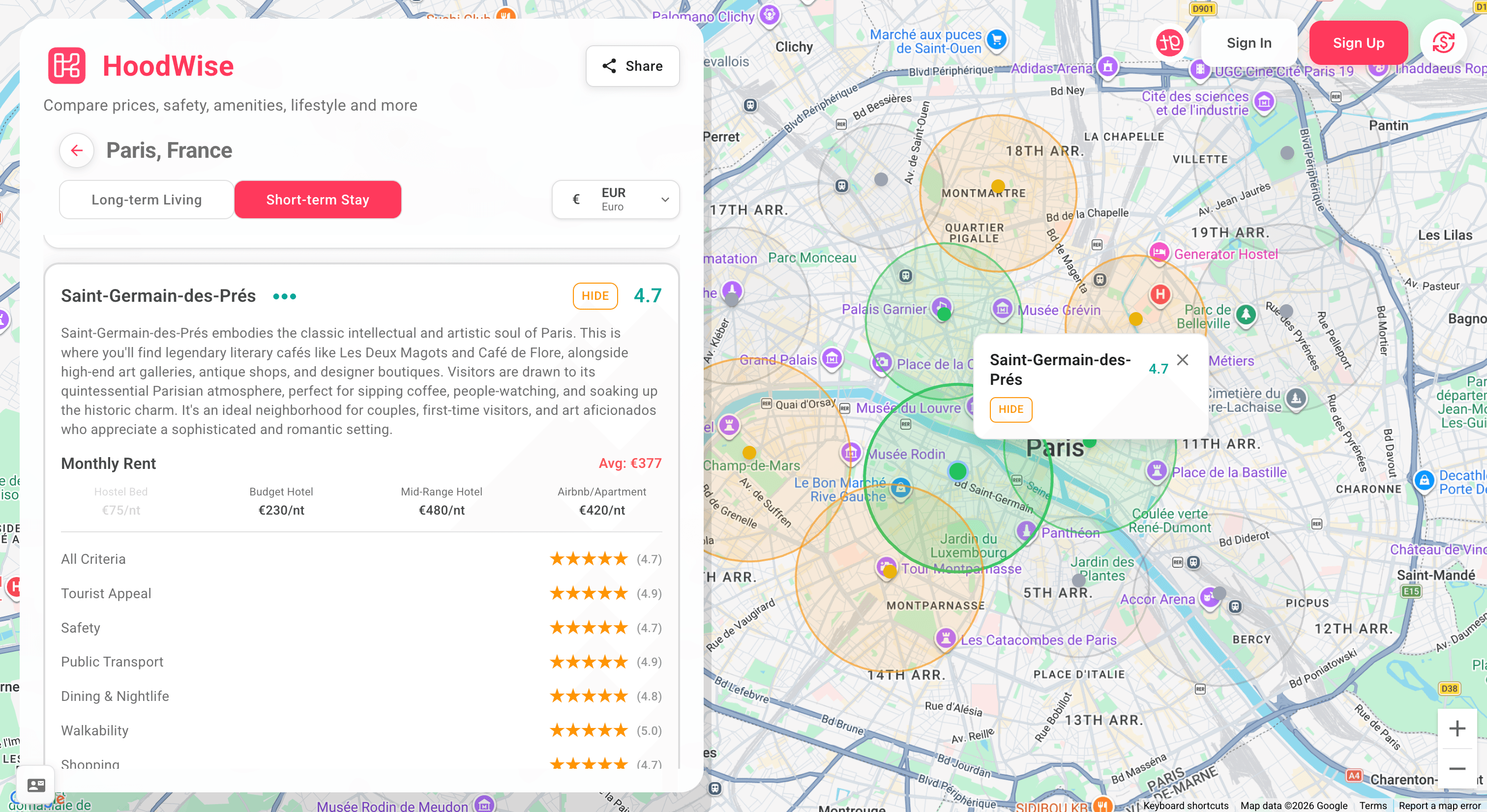 Paris — Saint-Germain-des-Prés neighborhood scores with interactive map