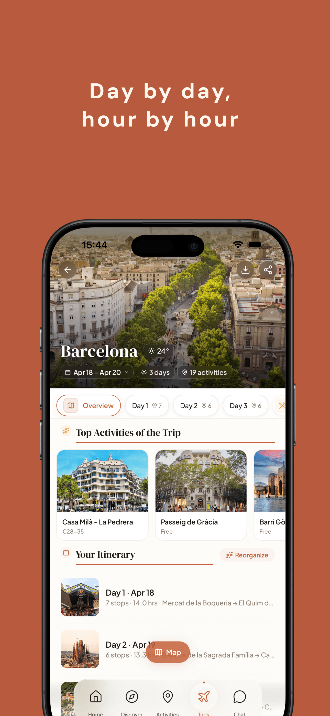 Day-by-day schedule with activities, restaurants, and timing