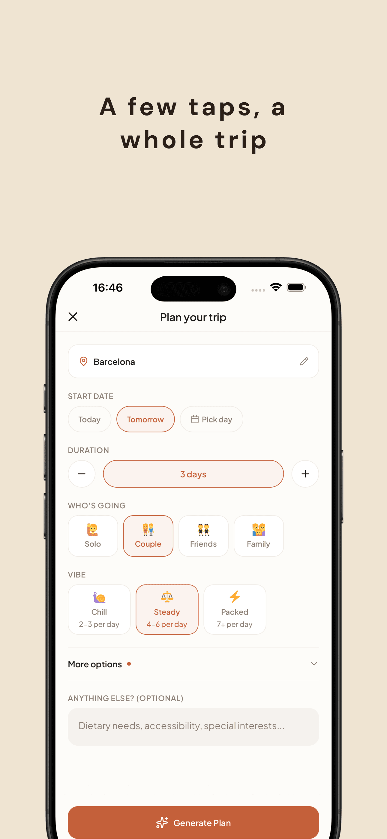 Plan a trip — destination, dates, and trip vibe selection