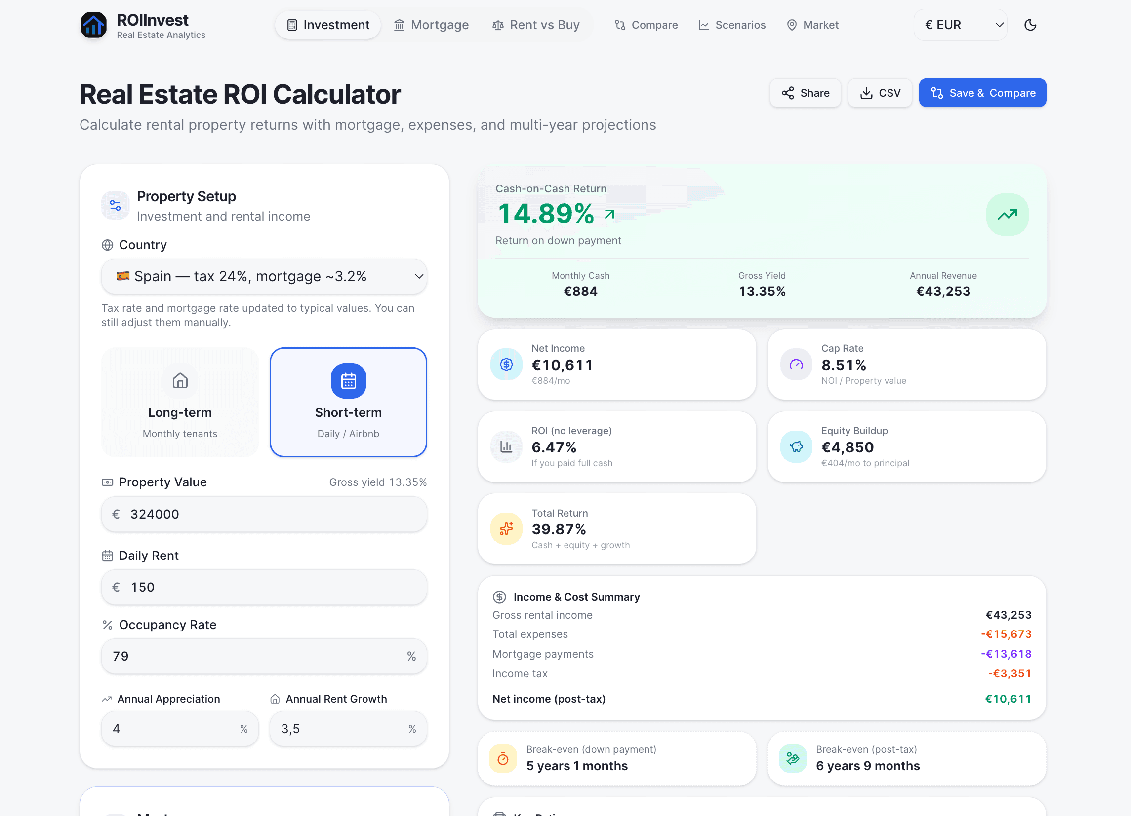 ROI Calculator — property setup, cash-on-cash return, and income summary