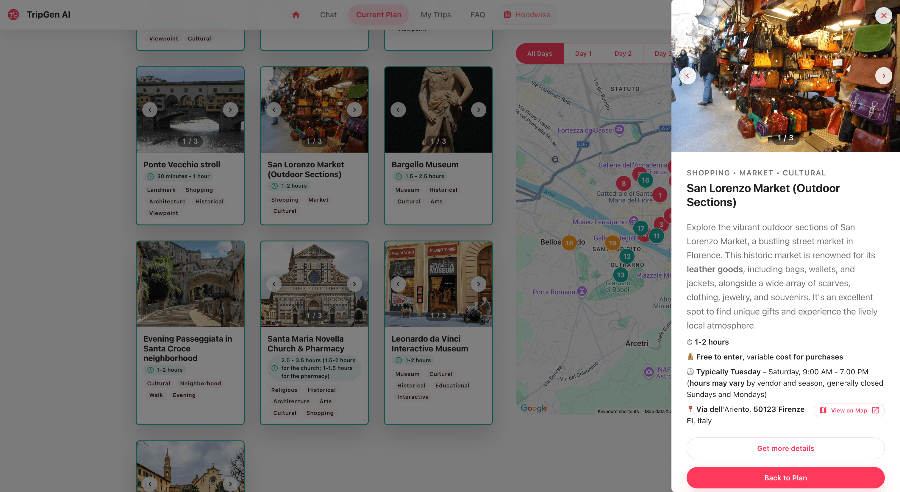 Day-by-day activities with photos, categories, and interactive map